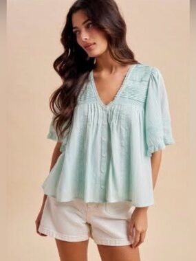 In Loom Boutique Flutter Sleeve Lace Inset 100% Cotton Airy Blouse Mint L NWT